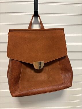 Suede & Leather Cognac Backpack with Gold Accent